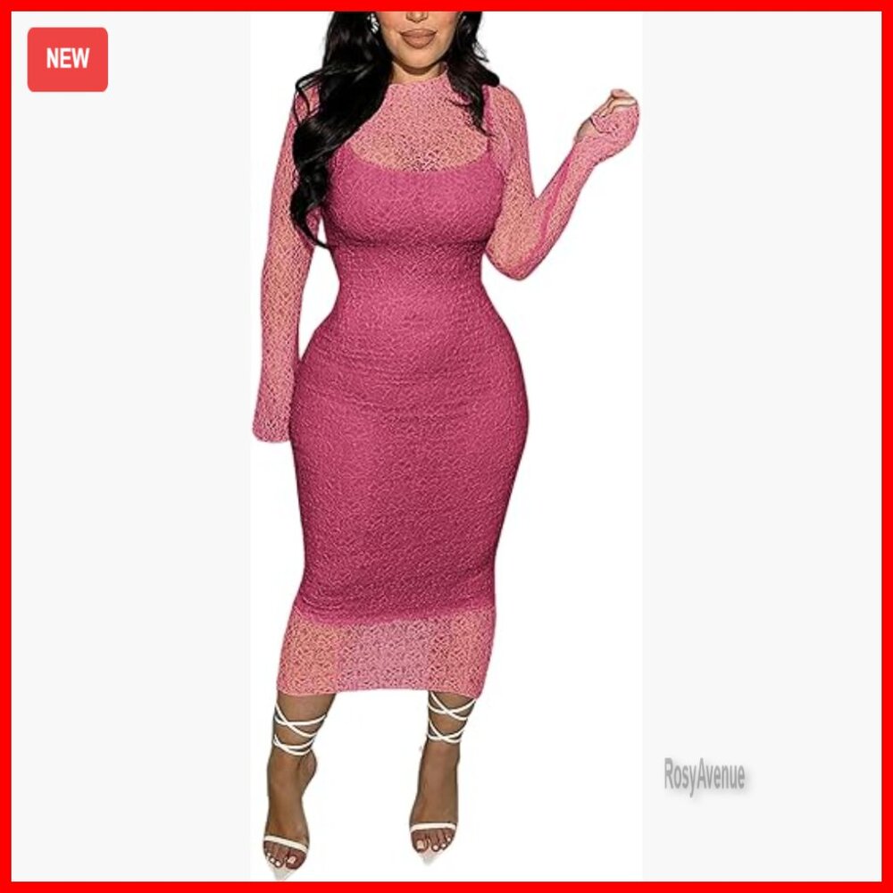 Lace Bodycon Midi Dress Long Sleeve Cocktail Wedding Guest Formal